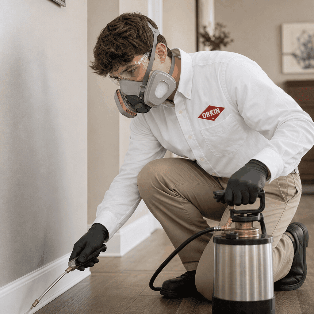 Técnico da Orkin de máscara, óculos e luvas aplicando produto no rodapé com pulverizador
