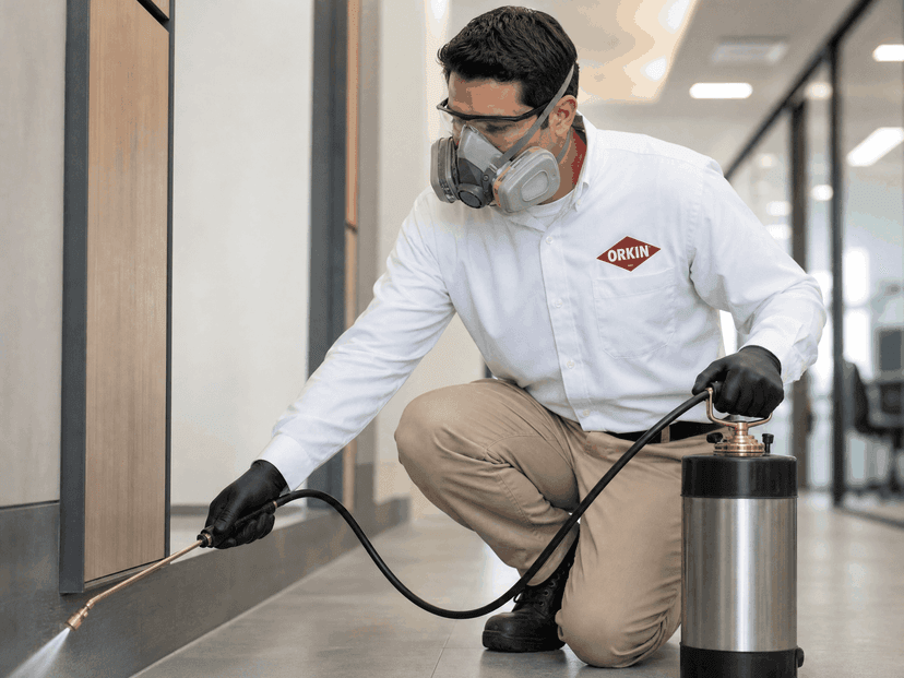 Técnico da Orkin em campo durante controle de pragas em centro de distribuição